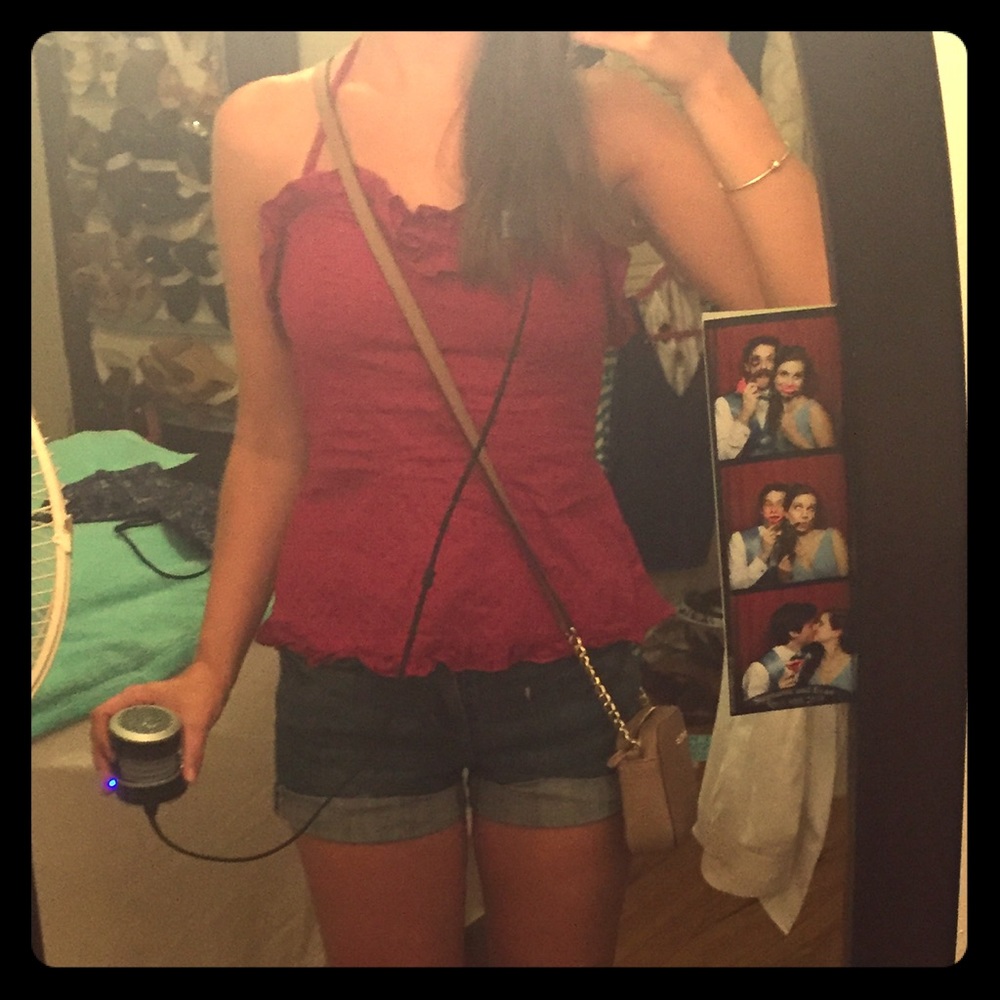 Magenta/Dark pink, dot textured halter top XS