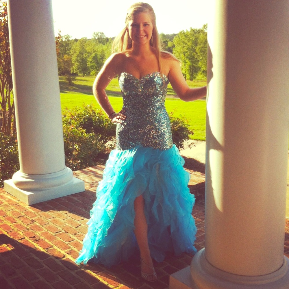 Strapless prom dress.