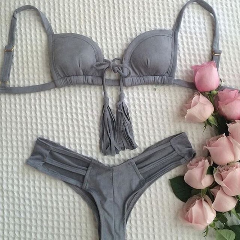 Montce tassels bikini top in grey faux suede