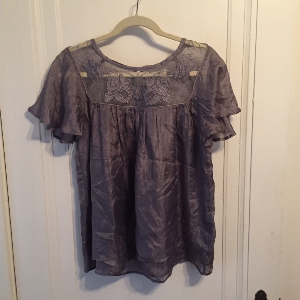 Silver Silky Top with Lace