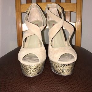 Beige Micro-suede Snakeskin Wedge
