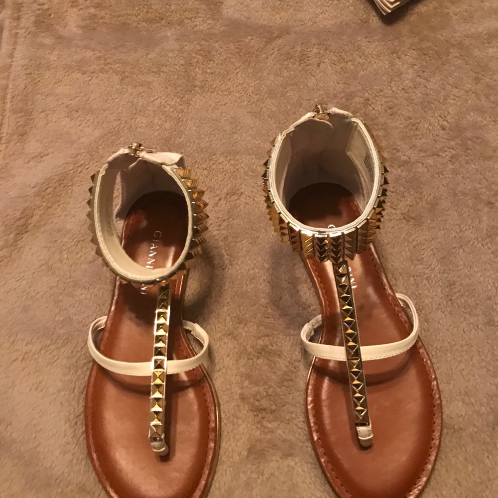 Cream sandals with gold beading by Gianni Bini