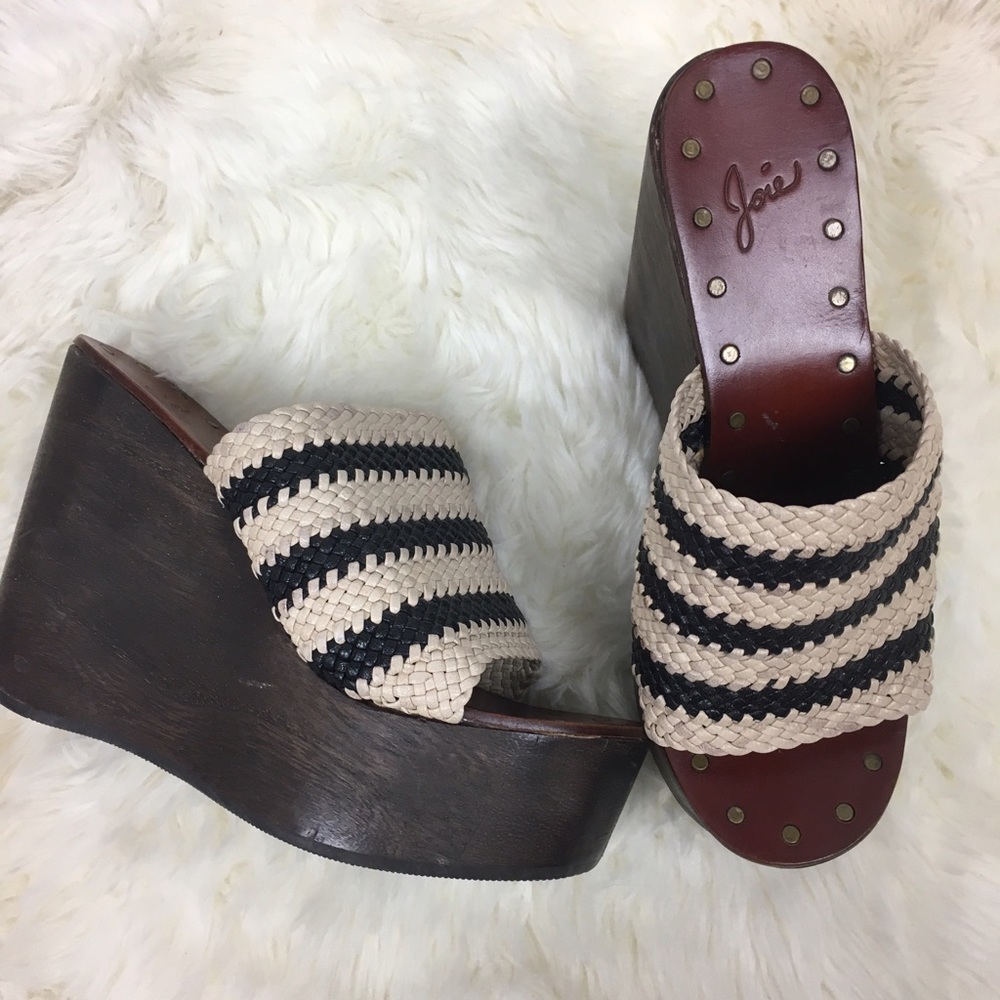 Joie Woven Leather Wood Platform Wedge Sandals