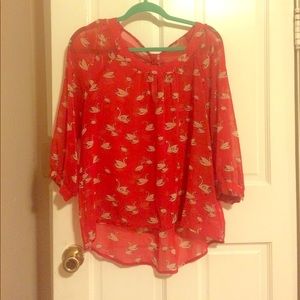 Red Blouse with Swan Design