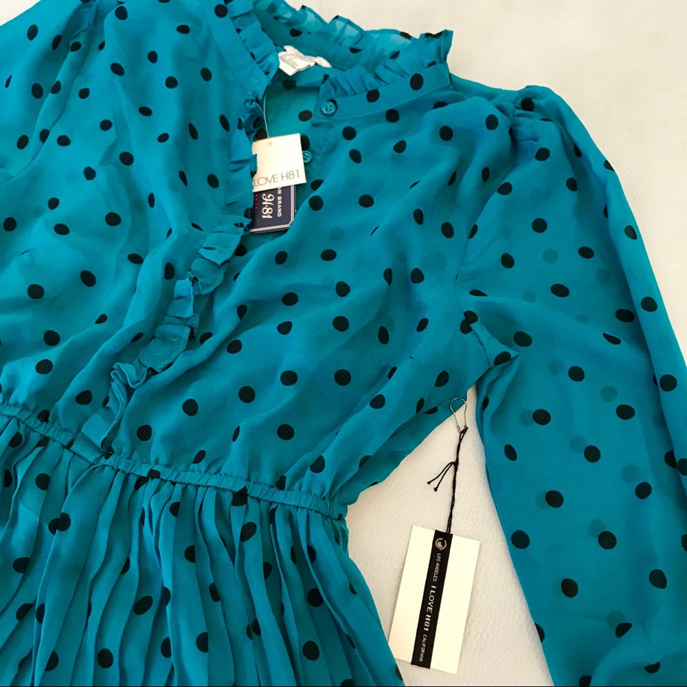 NWT Forever 21 Polka Dot Teal 3/4 Sleeve Dress - Picture 7 of 8