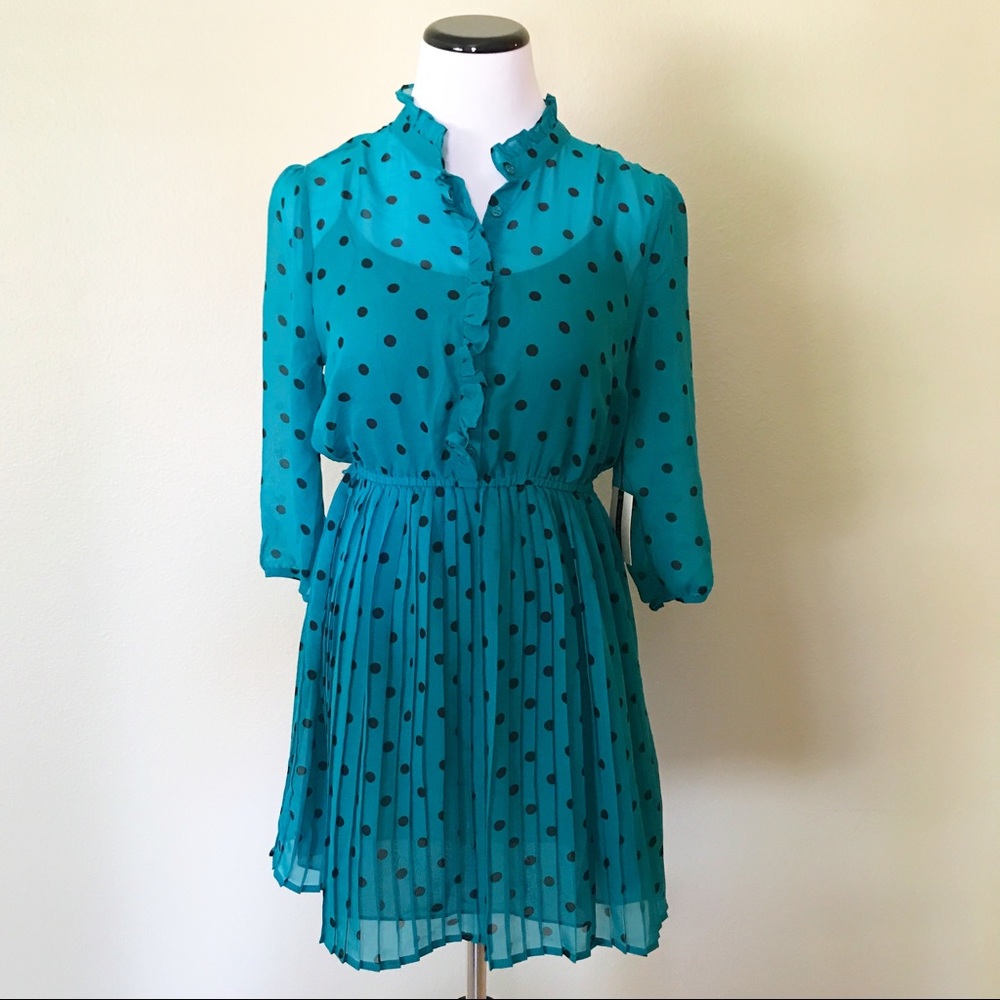 NWT Forever 21 Polka Dot Teal 3/4 Sleeve Dress - Picture 2 of 8