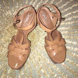 YSL Tribute Nude Patent Leather Sandals.