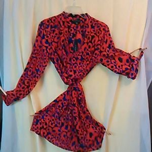 Silk shirt dress bright red blue w/black