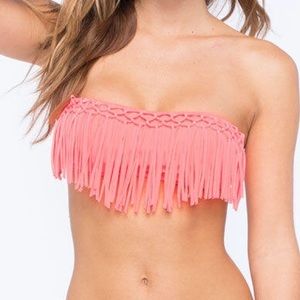 Damsel Coral Macrame Fringe Bandeau Bikini Top