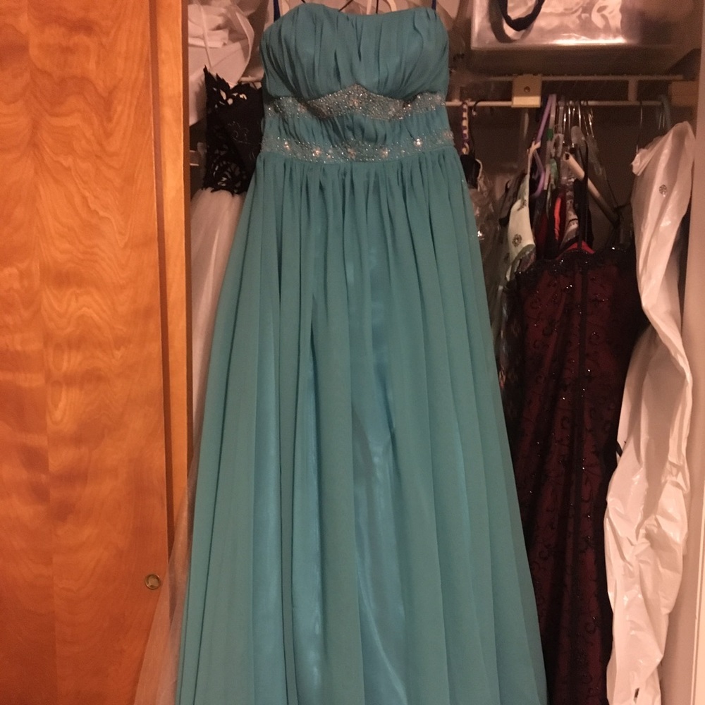 Blue beaded chiffon prom dress