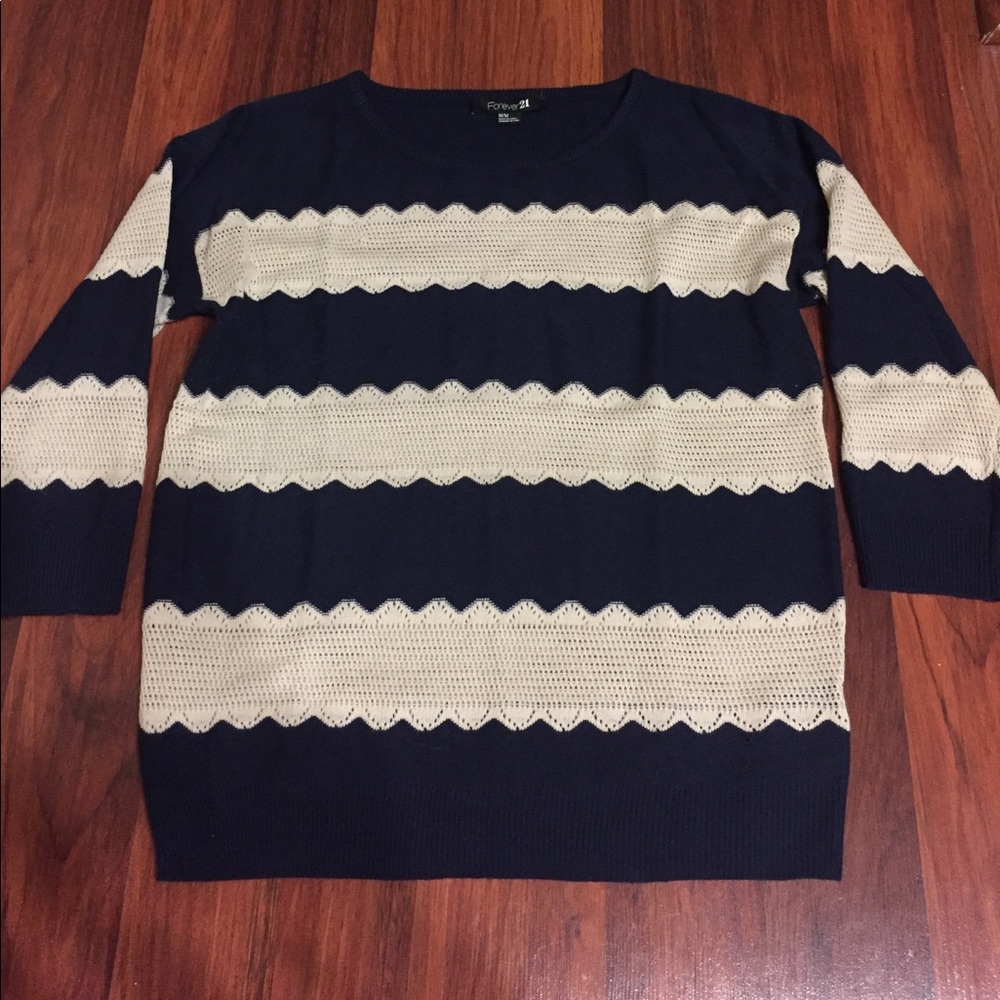 Navy and Cream Lace Scalloped Sweater