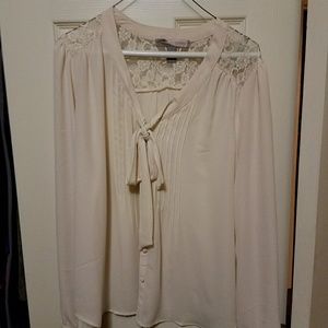 Cream lace pleated pussybow tie blouse