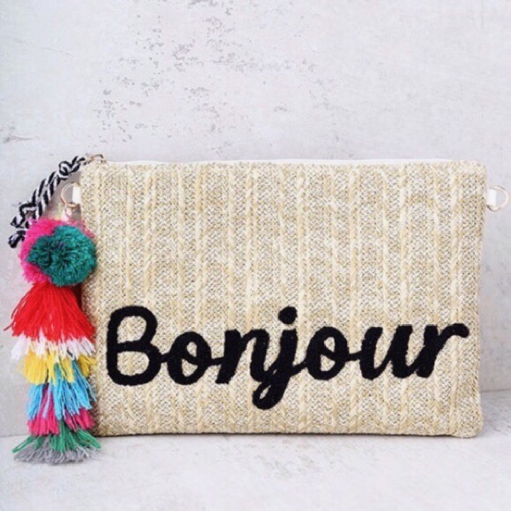 Melie Bianco Straw Clutch Embroidery "Bonjour" - Picture 4 of 6