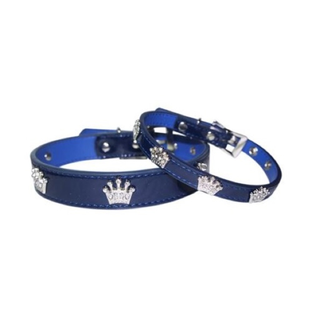 Dog Collar Blue w/Rhinestone Crowns