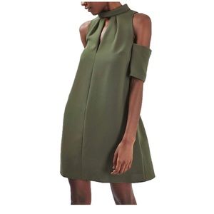 Topshop cold shoulder keyhole dress in olive, US 2