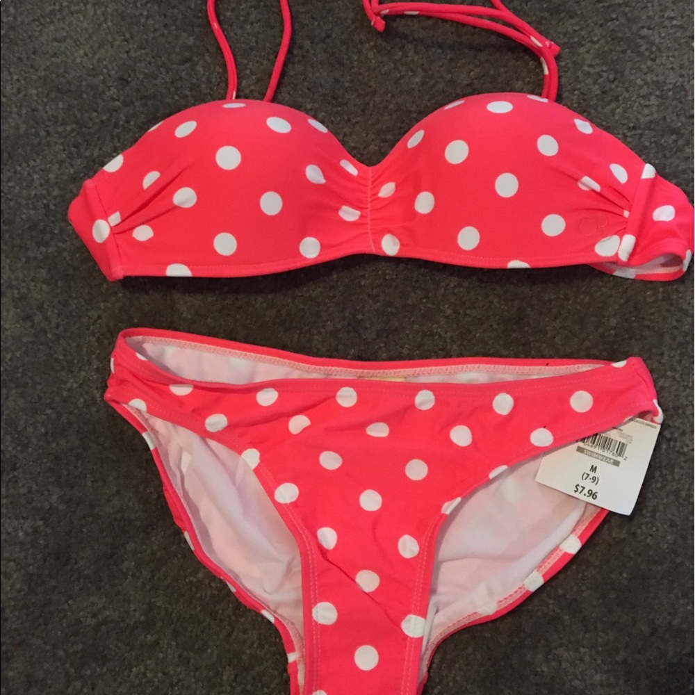 Bright coral and white polka dot bikini