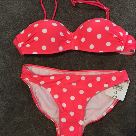 Bright coral and white polka dot bikini - Picture 1 of 4