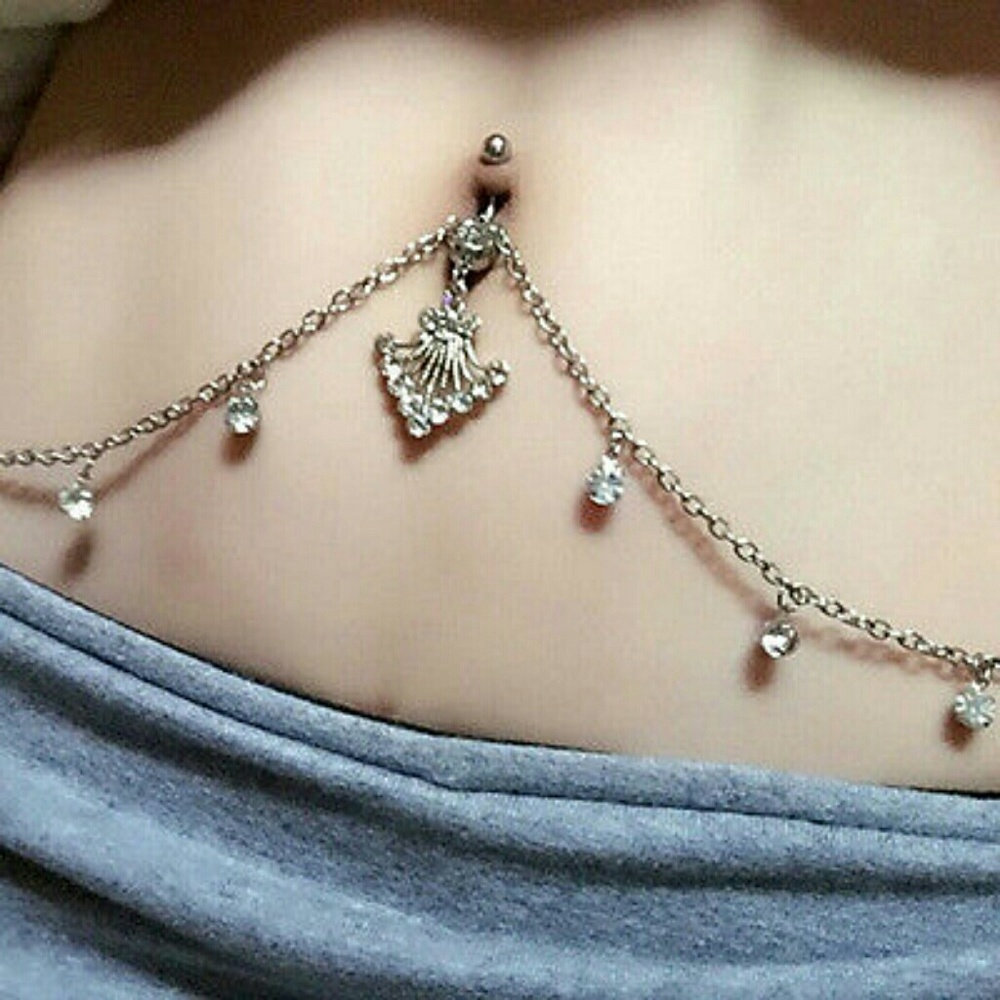 SOLD!White Crystal & SILVER Body Chain Belly Ring