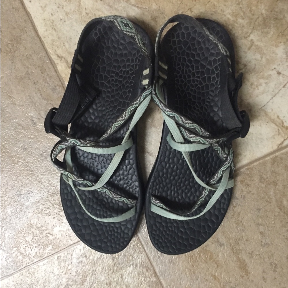 Black Chaco with green/light grey straps