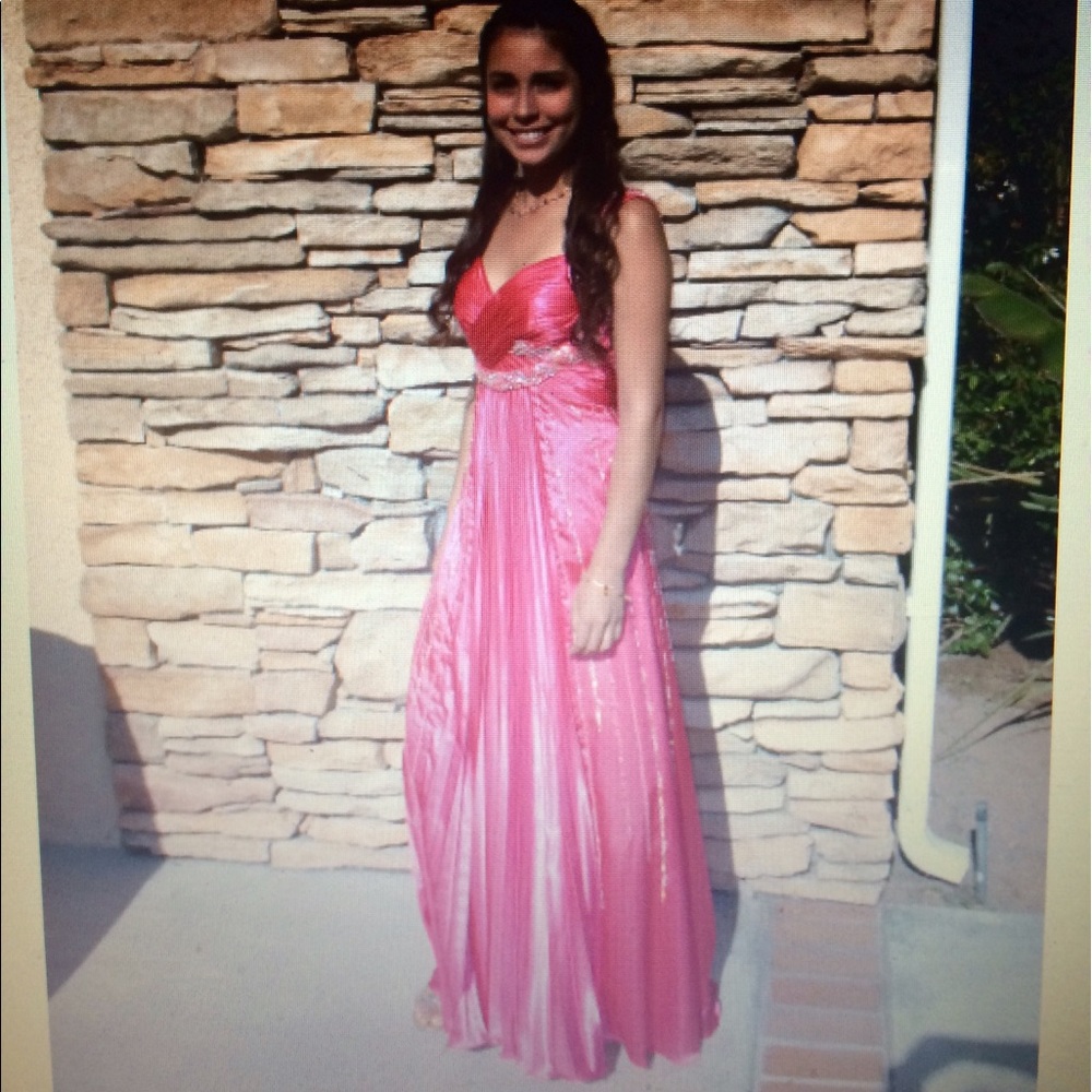 Beaded long fuschia pink pleated prom dress formal