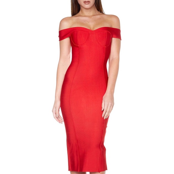Rumor Apparel Dresses & Skirts - Red Off The Shoulder Midi Bandage Dress #538