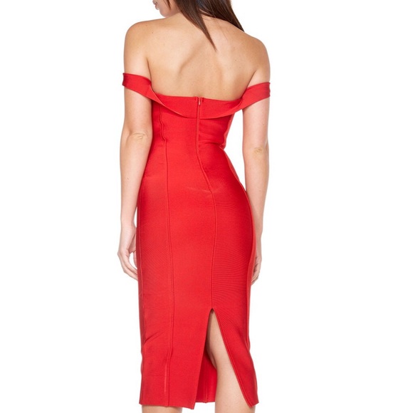 Red Off The Shoulder Midi Bandage Dress #538 - Picture 3 of 3