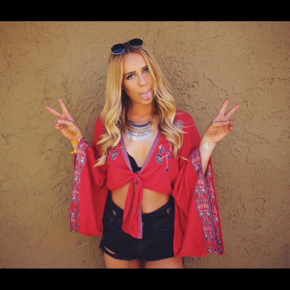Red front tie bell sleeve top