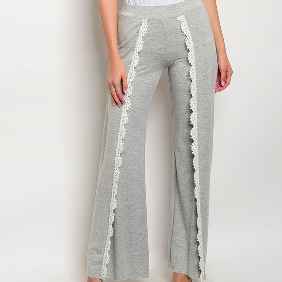 Pants - Lace Detailed Grey Wide Leg Pants | Final Price