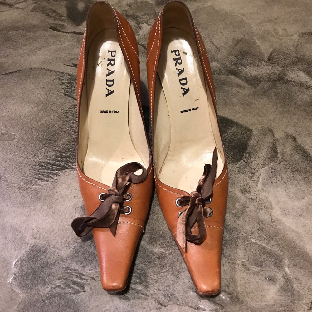Prada tan leather heels with brown tie