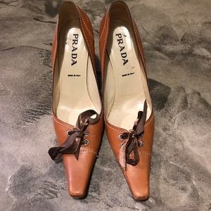 Prada tan leather heels with brown tie