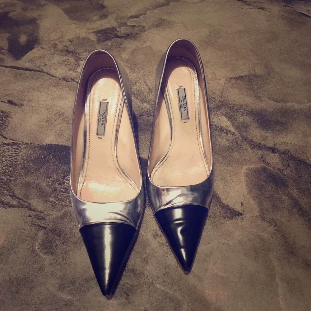 Silver and black Prada heels