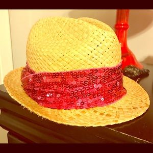Pink sequin and tan woven hat