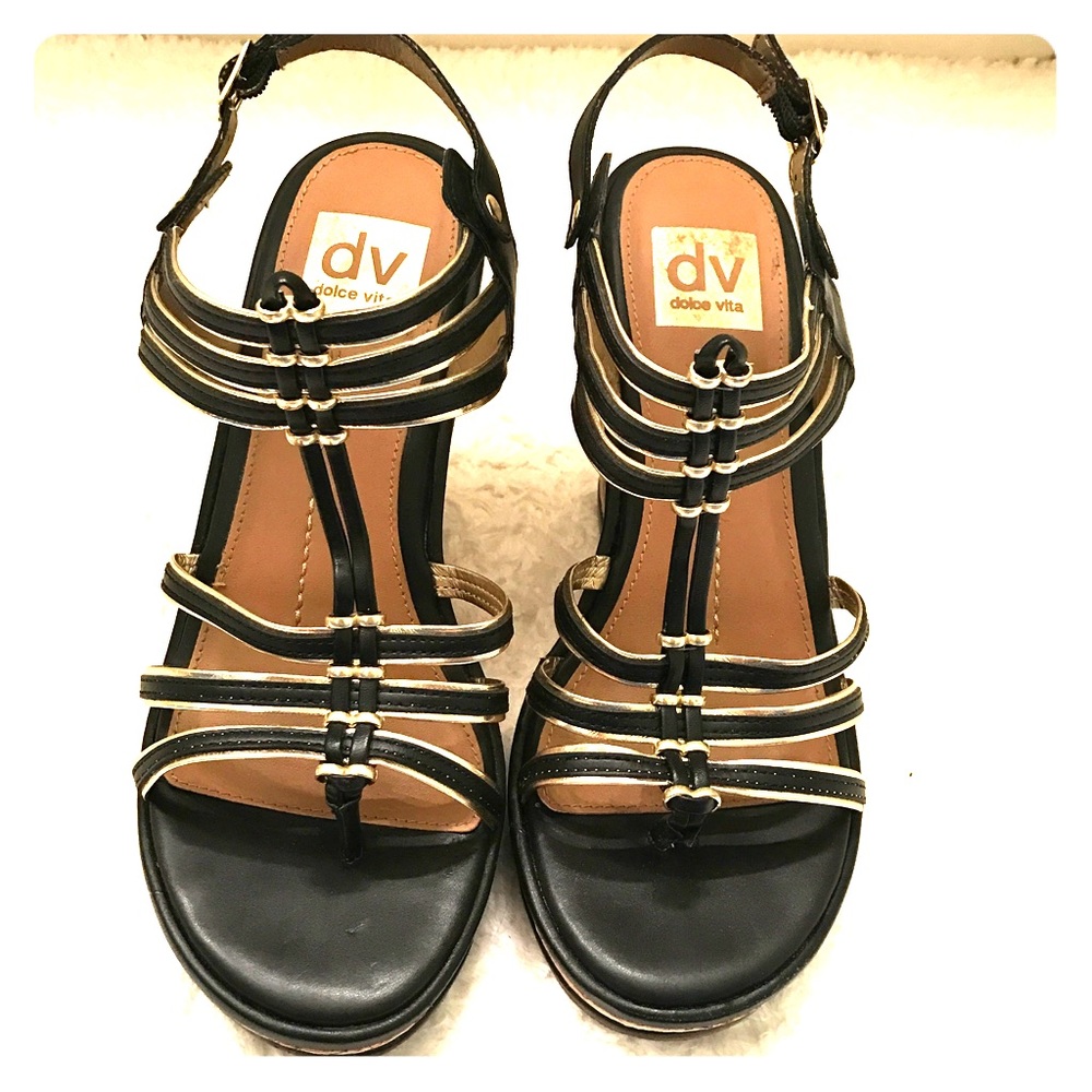 Dolce Vita Wedge Cork Sandal in Black and Gold