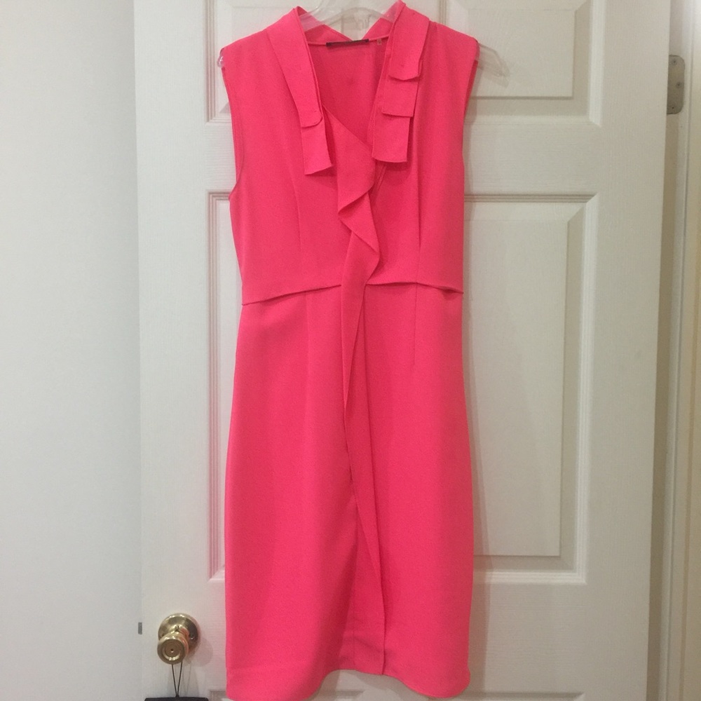 Hot Pink Tahari midi dress, ruffle neck 💕 worn 1x