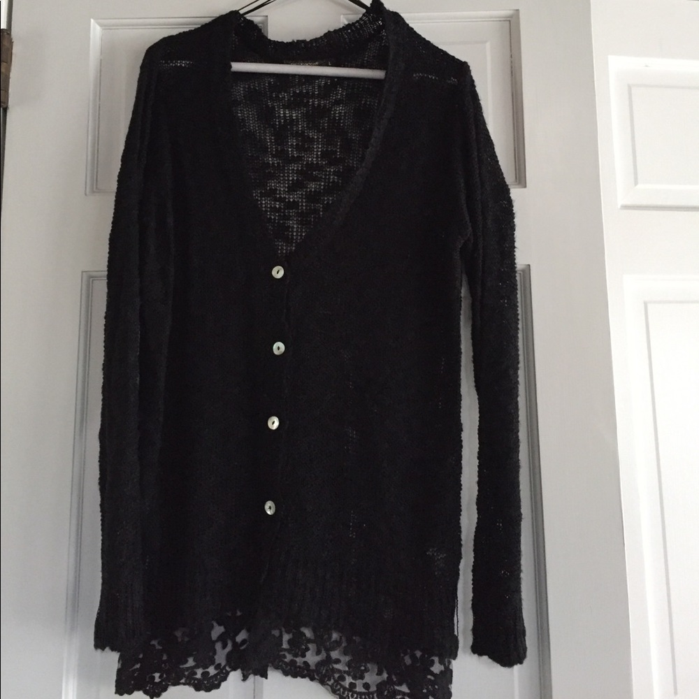 LF lightweight black cardigan with lace hem