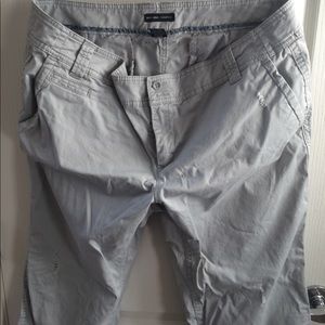 Gray distressed flat front pants