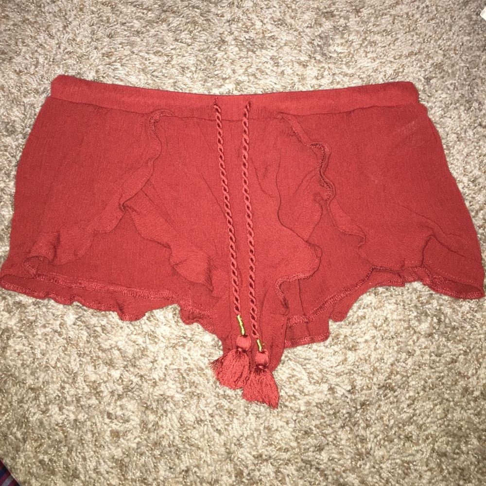 Burgundy Small Beach Shorts With Tassels.