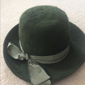 Forest Green Fuzzy Hat with Stripped Ribbon