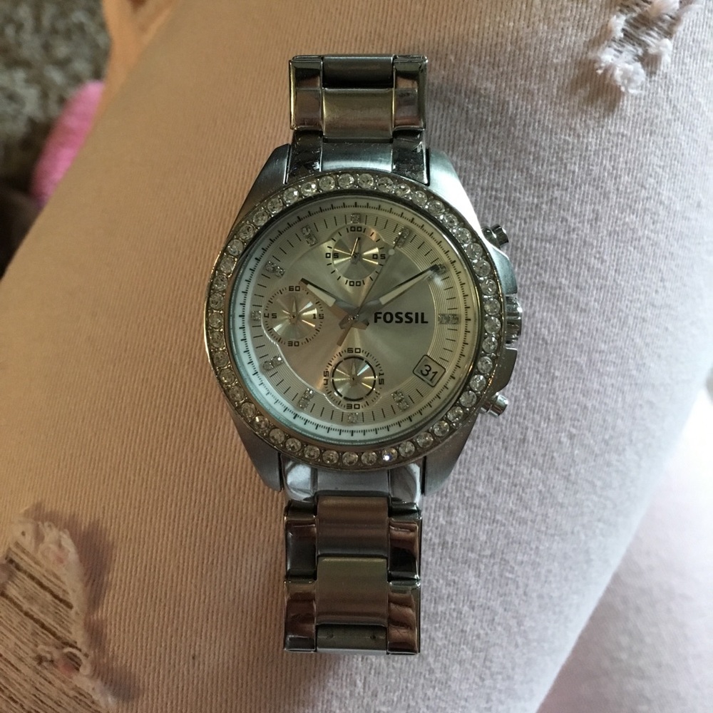Silver Fossil Watch with Diamonds