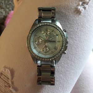 Silver Fossil Watch with Diamonds