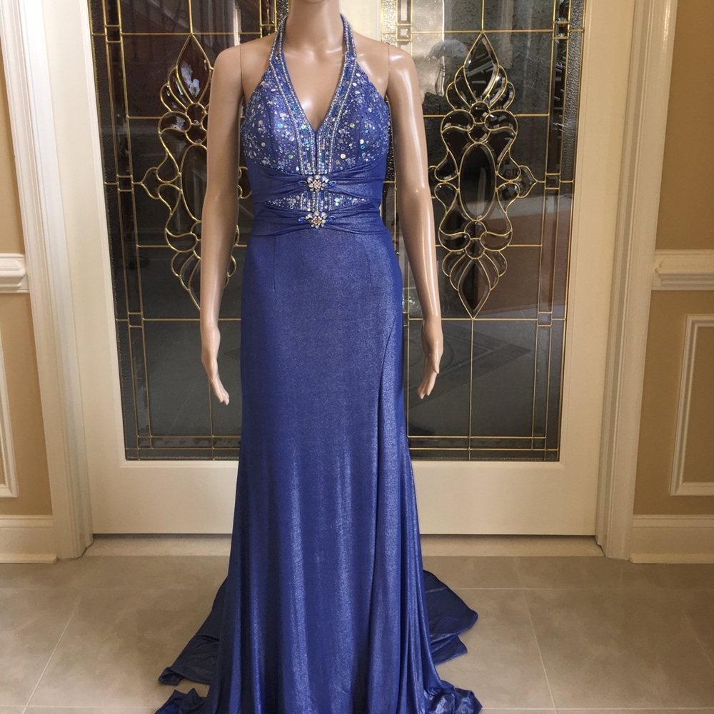 Alyce design blue sequin halter prom evening dress