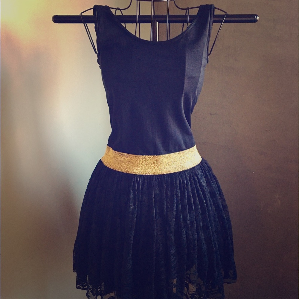 Bebe Black Party Dress - Gold Waist & Lace Skirt