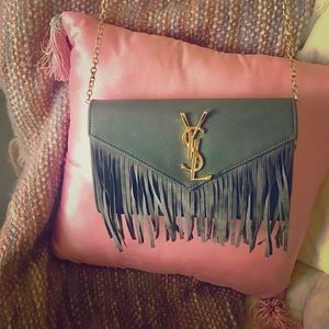 Ysl Yves Saint Laurent fringe Crossbody purse gray