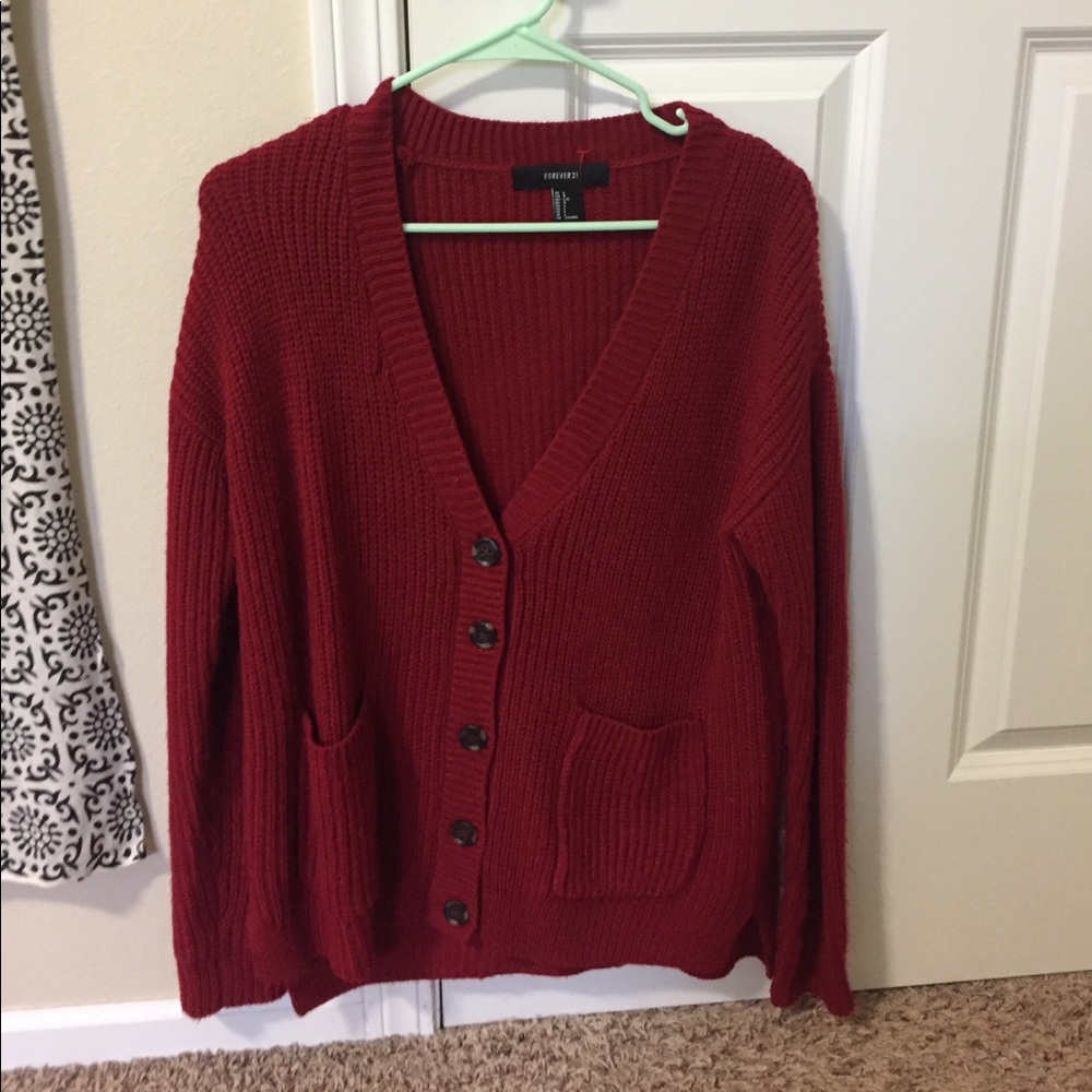 Deep red knit cardigan