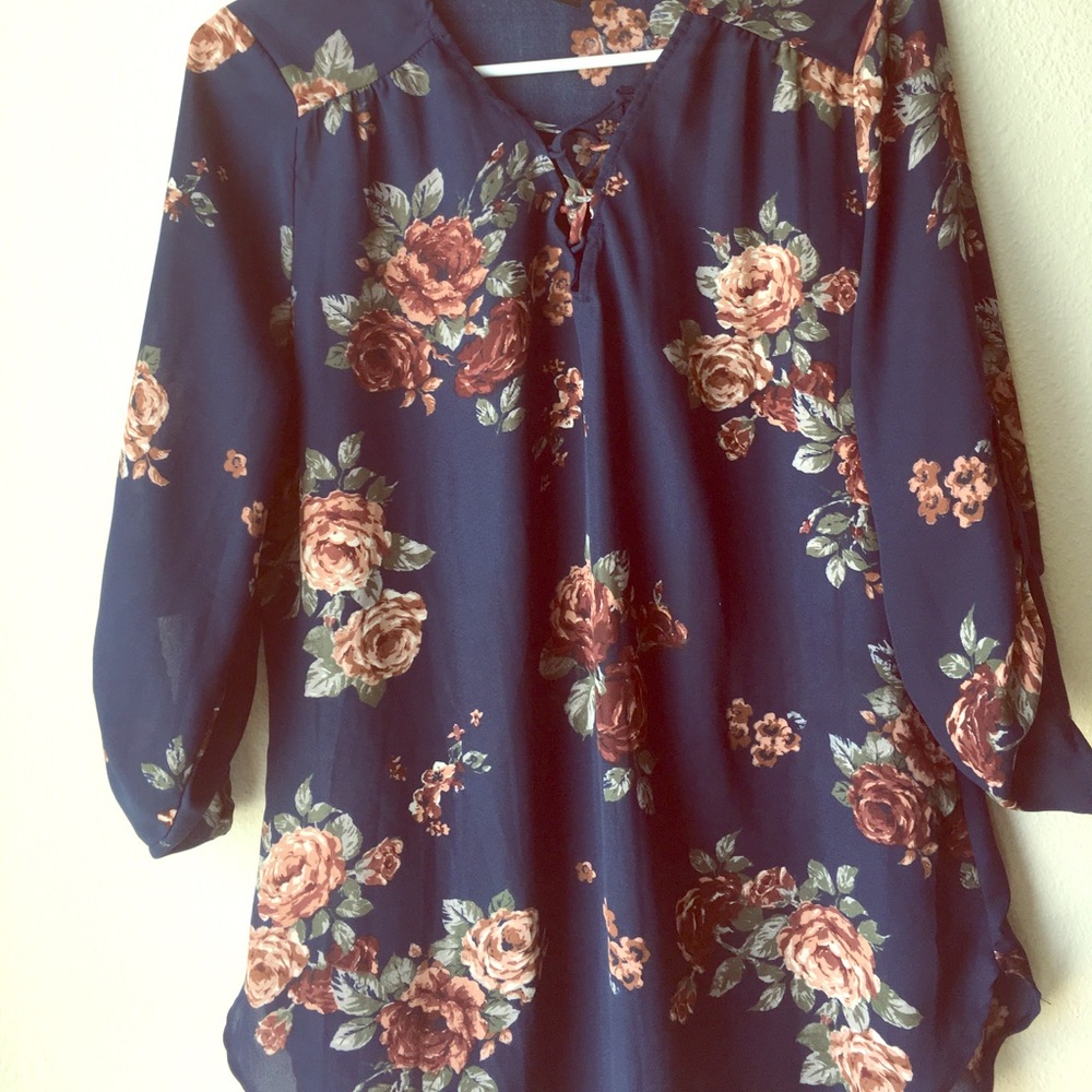 Medium blue sheer with pink floral print blouse