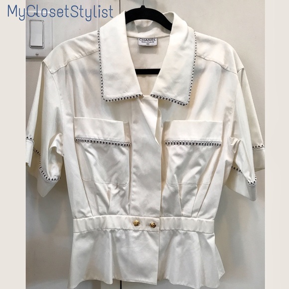 CHANEL Authentic White Button Peplum Blouse Top! S - Picture 2 of 7
