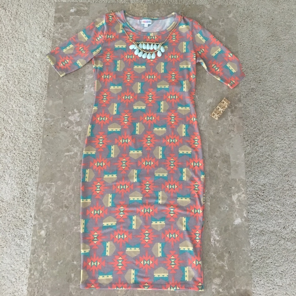 XS Julia Lularoe pink teal yellow Aztec prnt dress