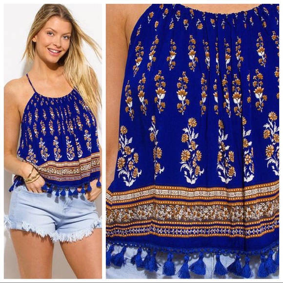 Ethnic Print Halter Neck Tassel Top - Picture 2 of 3