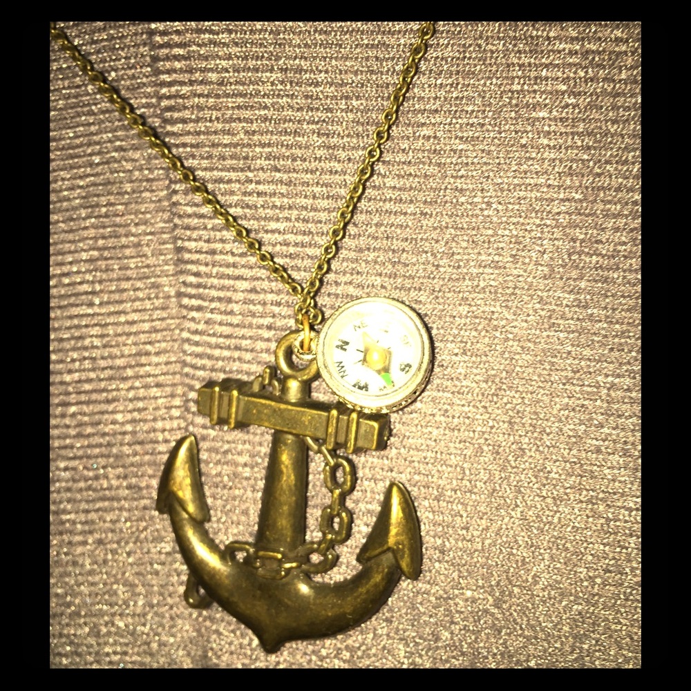 Fashion anchor and compass necklace in bronze-tone