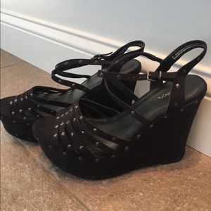 Strappy Faux Suede Studded Wedges